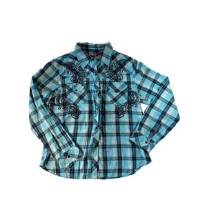 Red Ranch Women's M Y2K Western Shirt Turquoise Plaid Embroidered Shiny Snaps